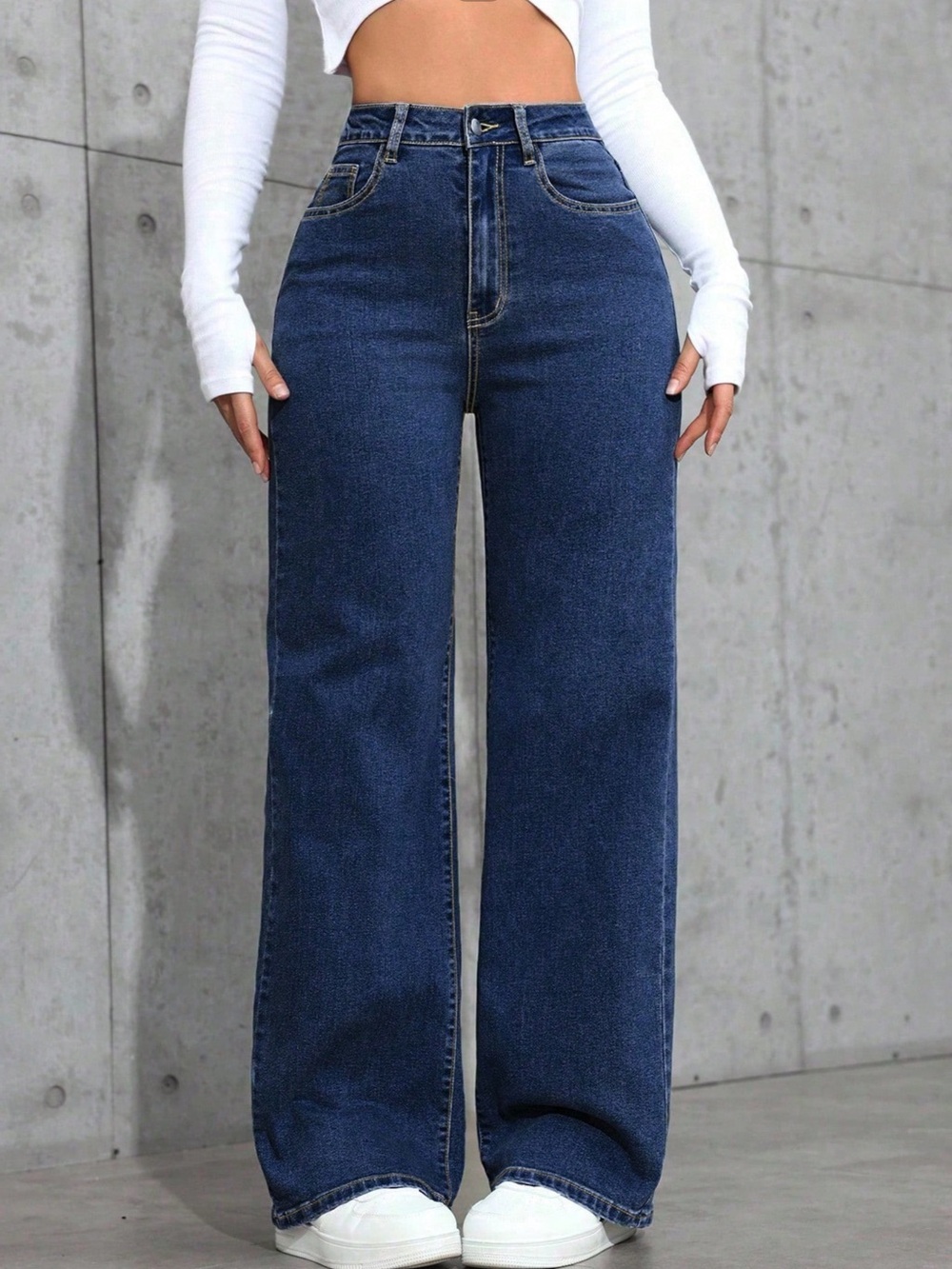 SHEIN Dark Blue High-Waist Straight Leg Jeans